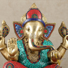 Brass Superfine Ganesha Statue with Meenakari & Stonework – 13.5 Inch
