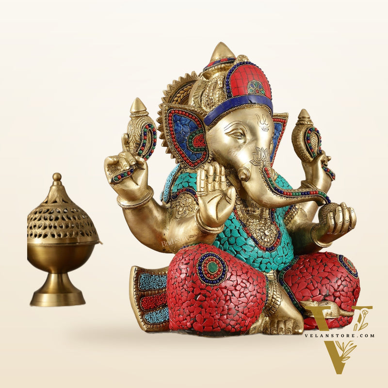 Brass Superfine Ganesha Statue with Meenakari & Stonework – 13.5 Inch