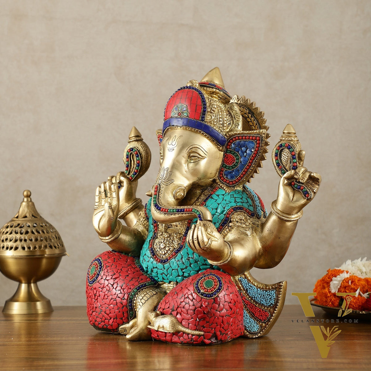 Brass Superfine Ganesha Statue with Meenakari & Stonework – 13.5 Inch