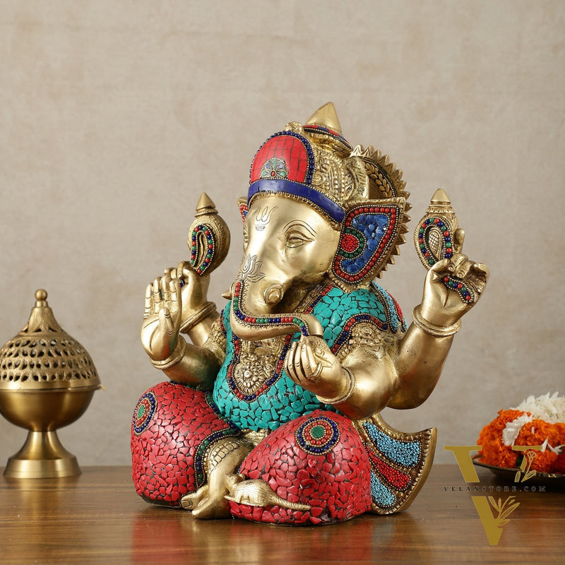 Brass Superfine Ganesha Statue with Meenakari & Stonework – 13.5 Inch