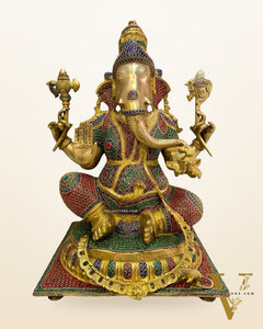 Brass Superfine Ganesha Statue with Sharp Features & Stonework - 20" height