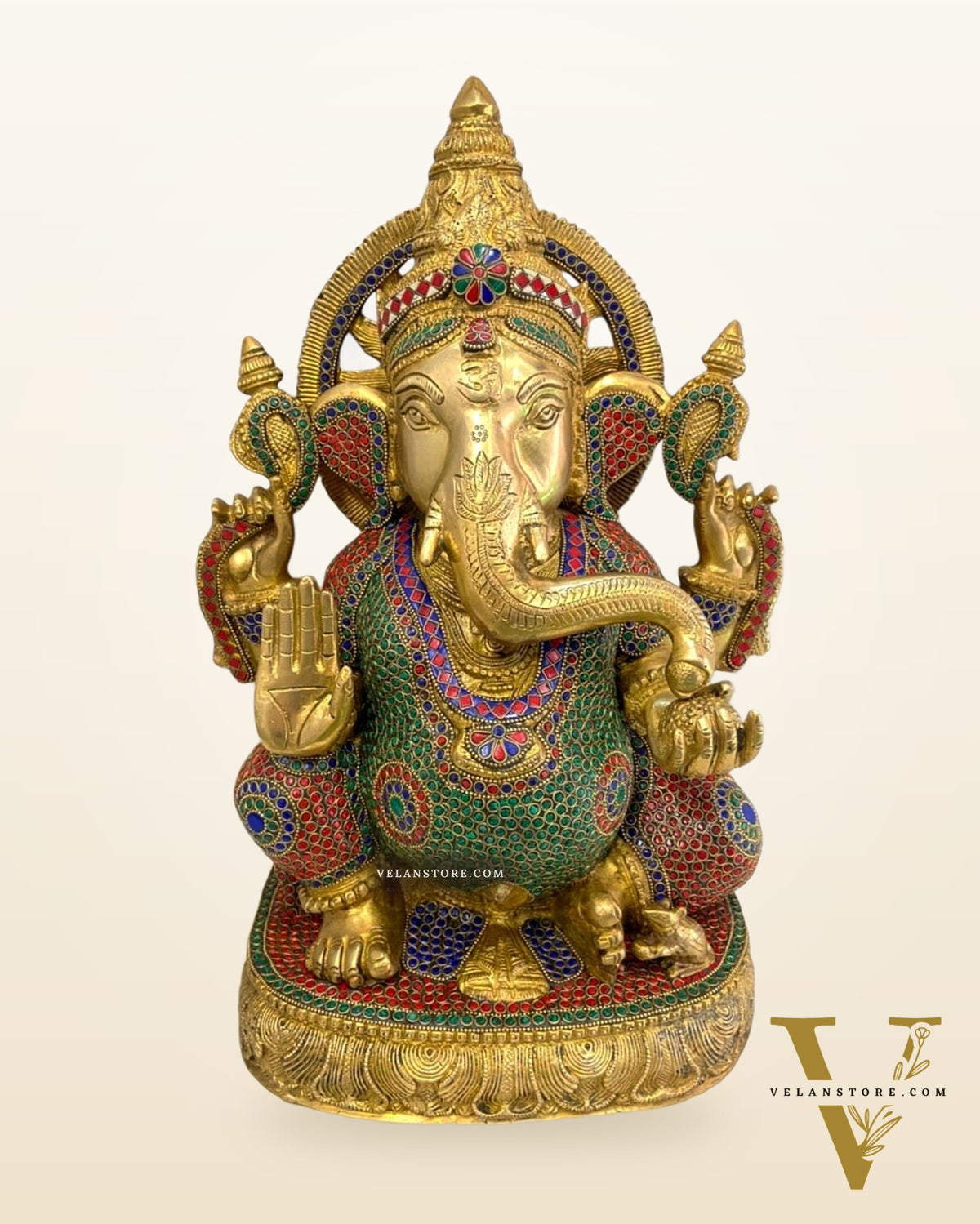 Brass Superfine Ganesha Statue with Sharp Features & Stonework - 20"