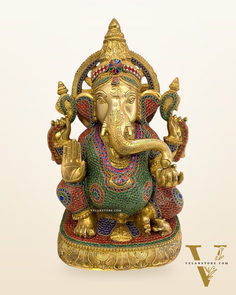 Brass Superfine Ganesha Statue with Sharp Features & Stonework - 20"