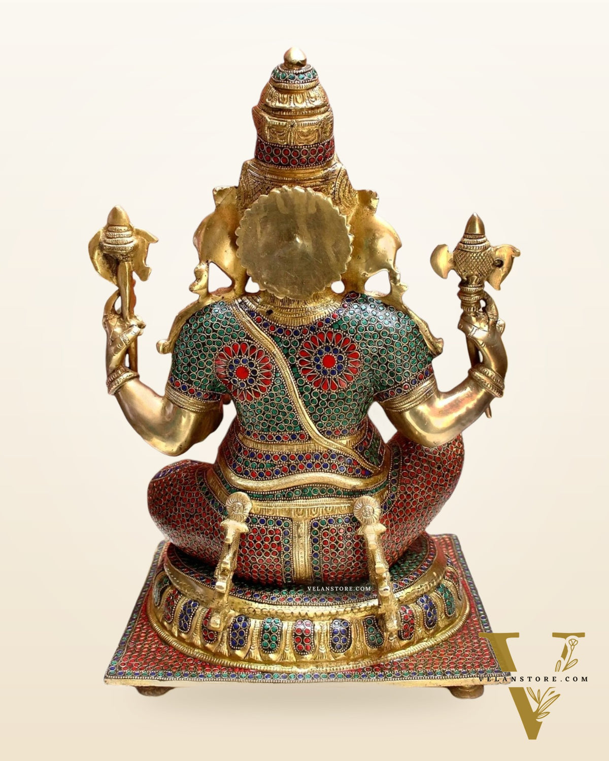 Brass Superfine Ganesha Statue with Sharp Features & Stonework - 20" height
