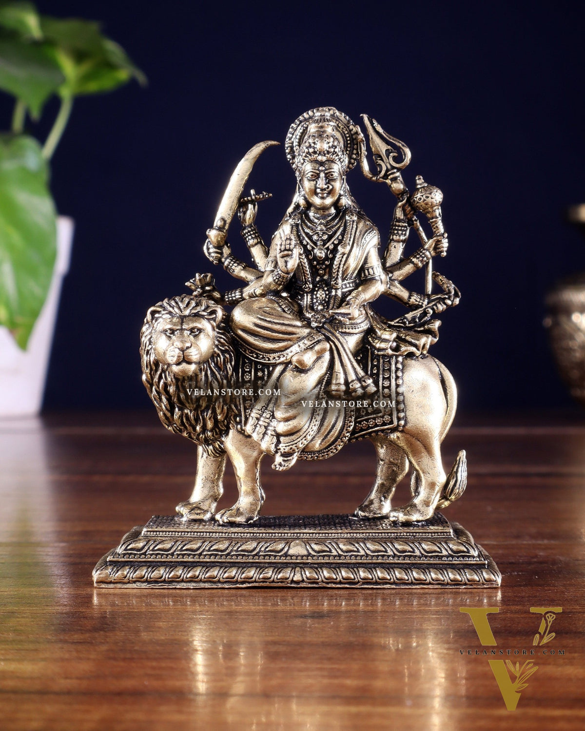 Brass Superfine Goddess Durga Ambe Mata on Lion Idol with Base 3.5 inch