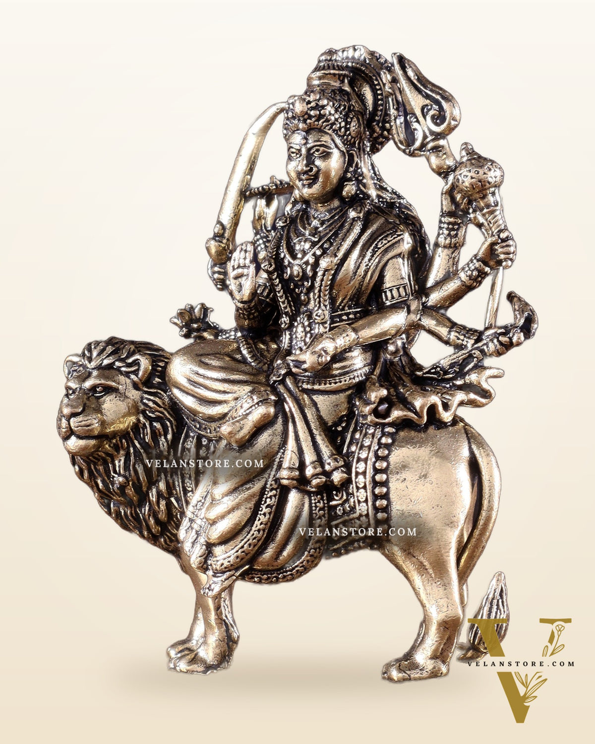Brass Superfine Goddess Durga Ambe Mata on Lion Idol with Base 3.5 inch