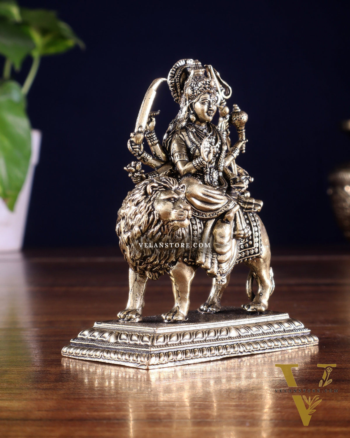 Brass Superfine Goddess Durga Ambe Mata on Lion Idol with Base 3.5 inch
