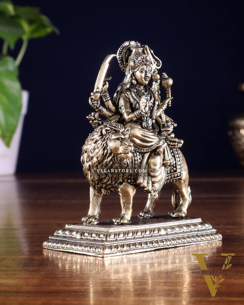 Brass Superfine Goddess Durga Ambe Mata on Lion Idol with Base 3.5 inch