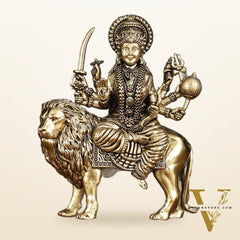 Brass Superfine Goddess Durga Ambe Mata Sitting on Lion - 6" Tall