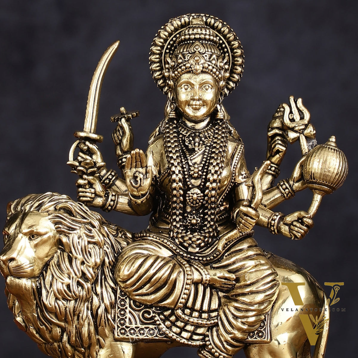 Brass Superfine Goddess Durga Ambe Mata Sitting on Lion - 6" Tall