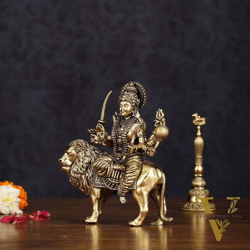 Brass Superfine Goddess Durga Ambe Mata Sitting on Lion - 6" Tall