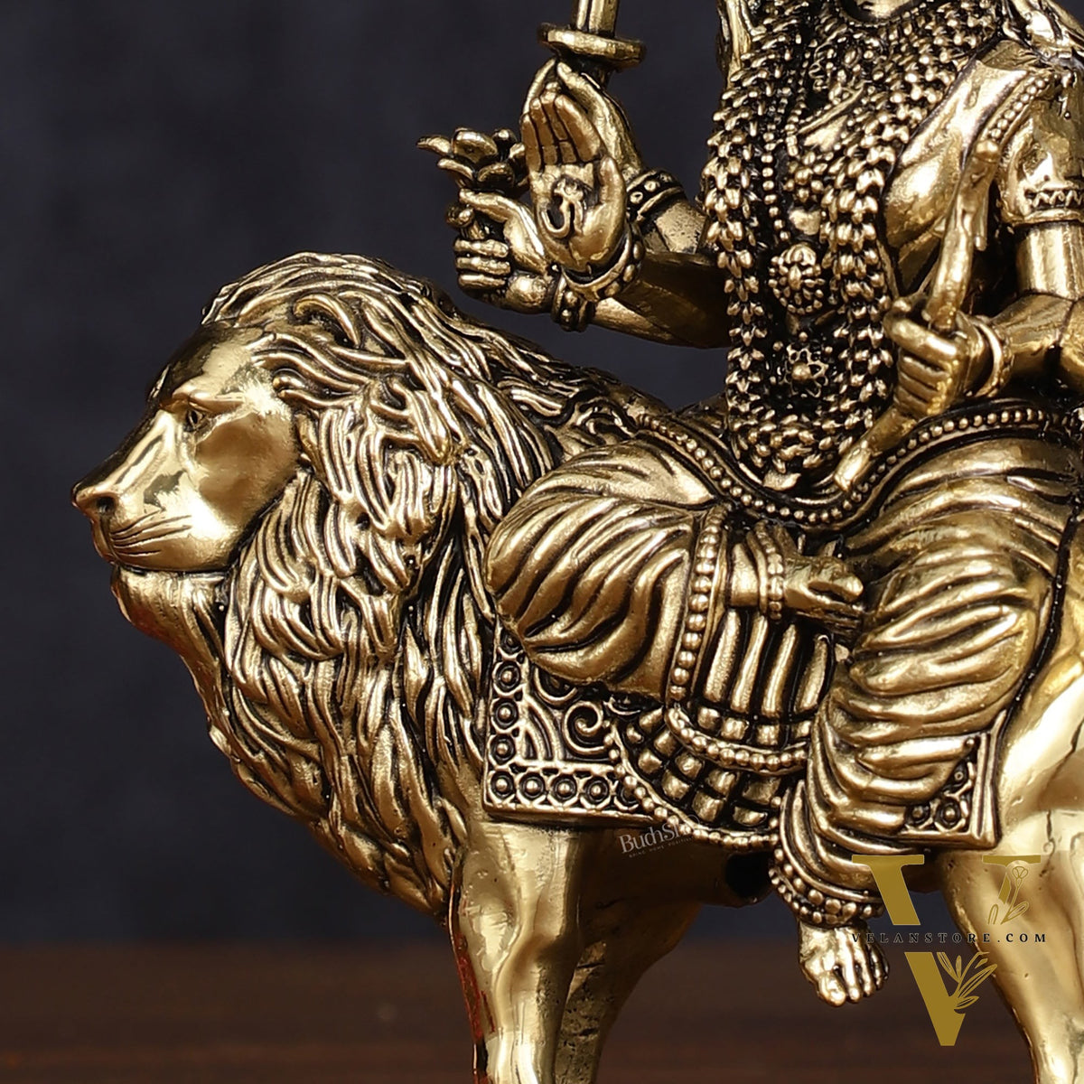 Brass Superfine Goddess Durga Ambe Mata Sitting on Lion - 6" Tall