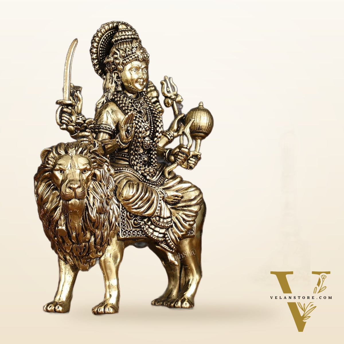 Brass Superfine Goddess Durga Ambe Mata Sitting on Lion - 6" Tall