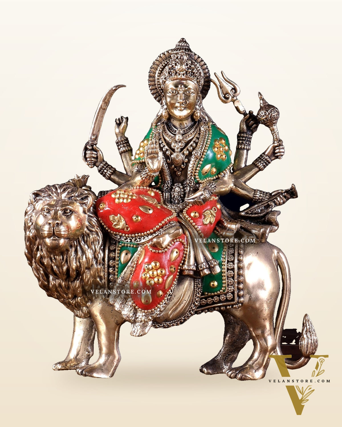 Brass Superfine Goddess Durga Ambe Mata Sitting on Lion - 8" Tall meenakari