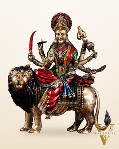 Brass Superfine Goddess Durga Ambe Mata Sitting on Lion - 8" Tall hand-painted