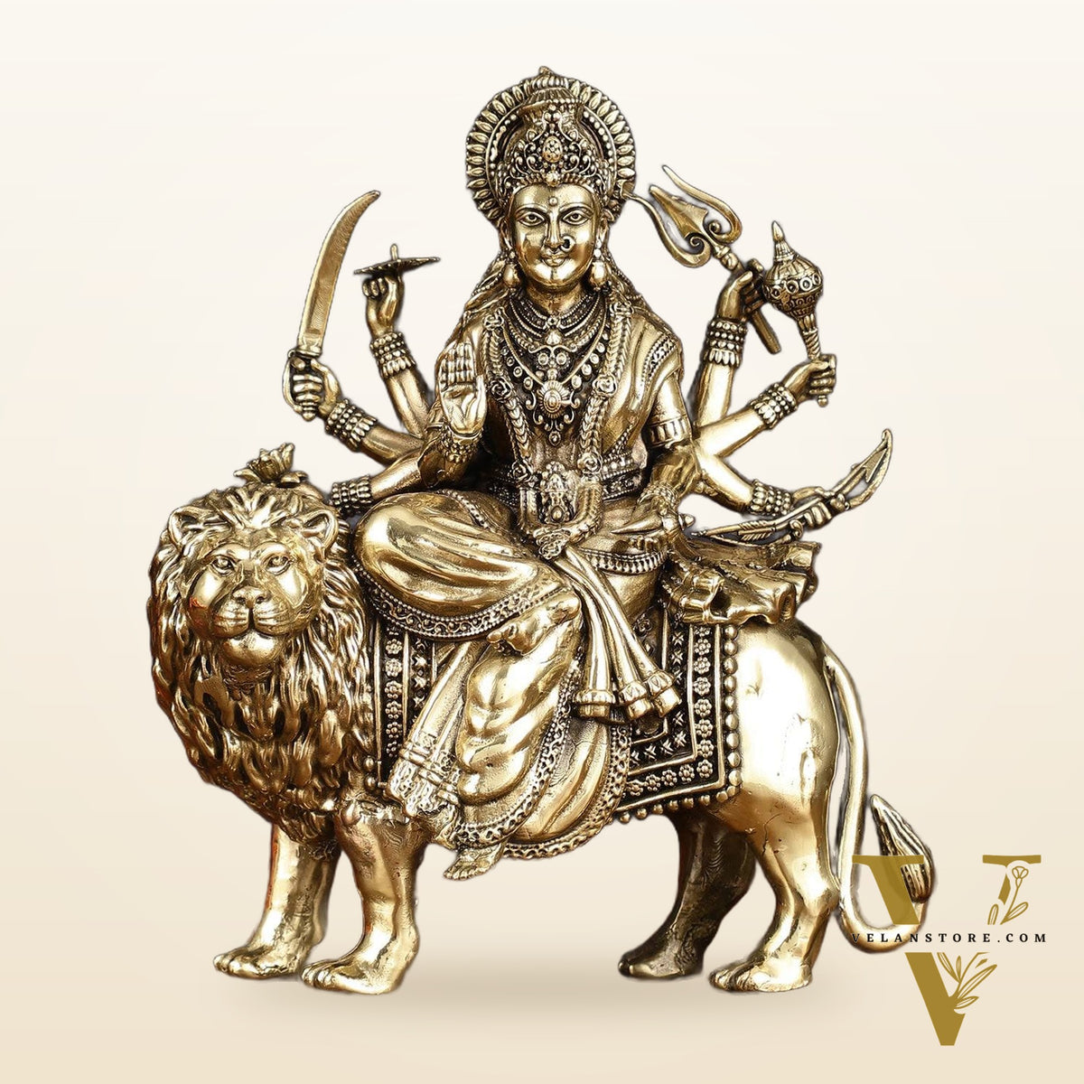 Brass Superfine Goddess Durga Ambe Mata Sitting on Lion - 8" Tall