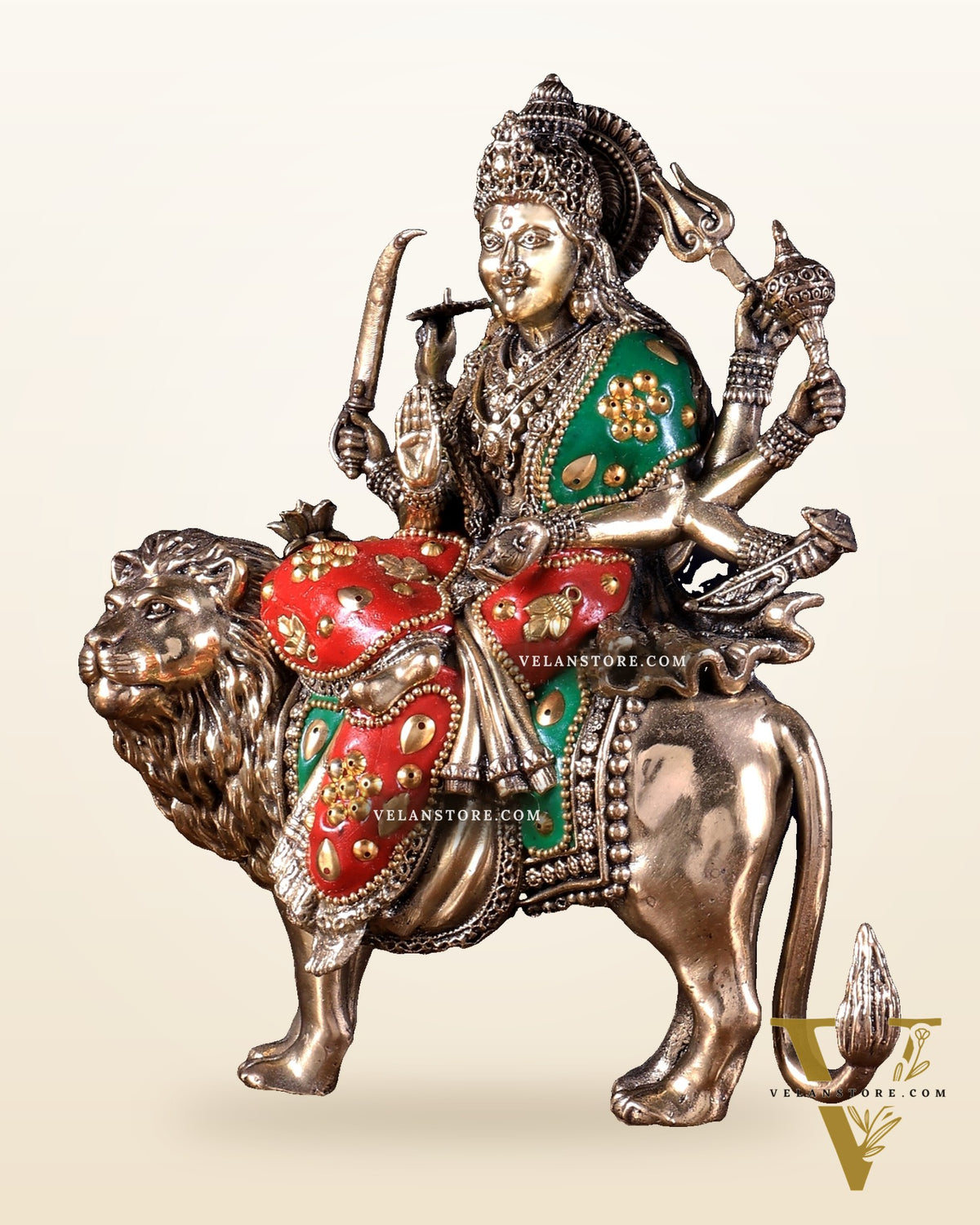 Brass Superfine Goddess Durga Ambe Mata Sitting on Lion - 8" Tall meenakari