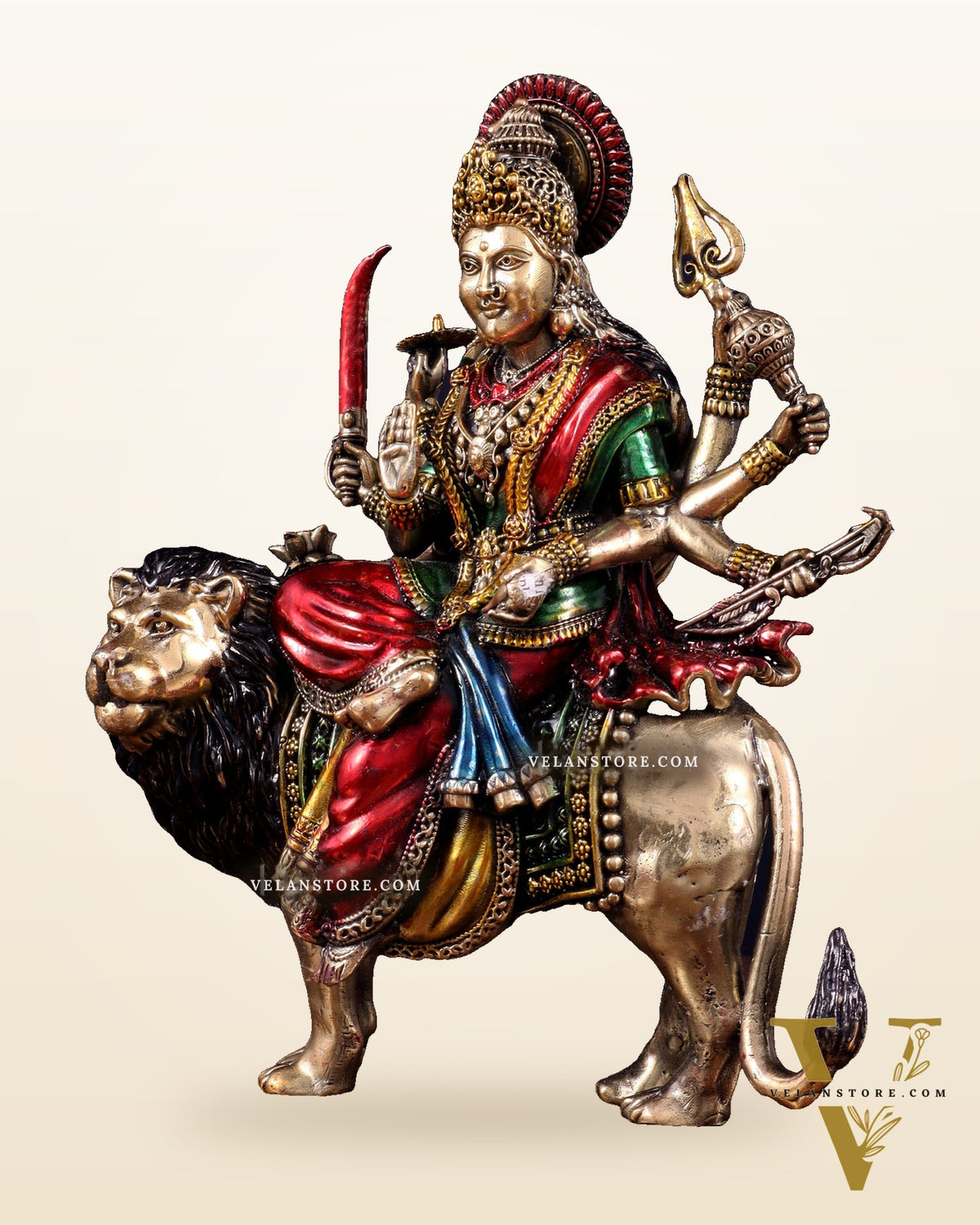 Brass Superfine Goddess Durga Ambe Mata Sitting on Lion - 8" Tall hand-painted