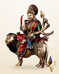 Brass Superfine Goddess Durga Ambe Mata Sitting on Lion - 8" Tall hand-painted