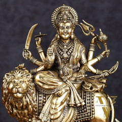 Brass Superfine Goddess Durga Ambe Mata Sitting on Lion - 8" Tall