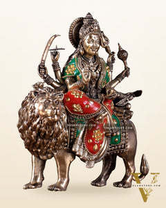 Brass Superfine Goddess Durga Ambe Mata Sitting on Lion - 8" Tall meenakari