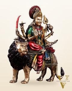 Brass Superfine Goddess Durga Ambe Mata Sitting on Lion - 8" Tall hand-painted