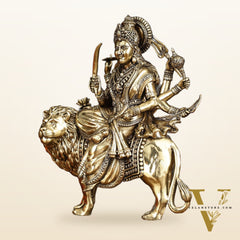 Brass Superfine Goddess Durga Ambe Mata Sitting on Lion - 8" Tall