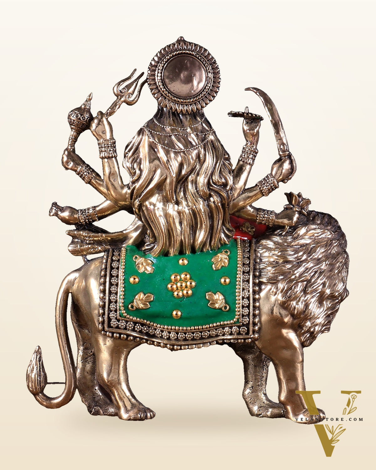 Brass Superfine Goddess Durga Ambe Mata Sitting on Lion - 8" Tall meenakari