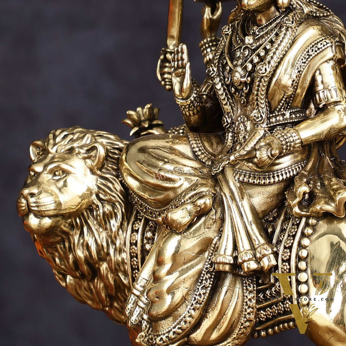 Brass Superfine Goddess Durga Ambe Mata Sitting on Lion - 8" Tall