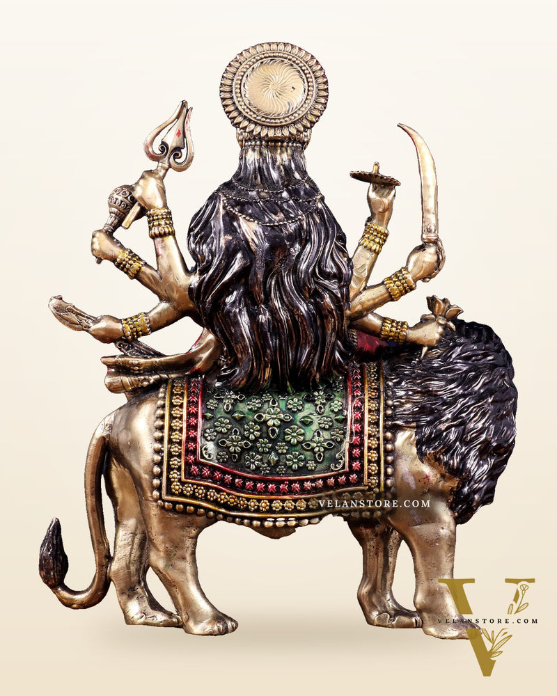 Brass Superfine Goddess Durga Ambe Mata Sitting on Lion - 8" Tall hand-painted