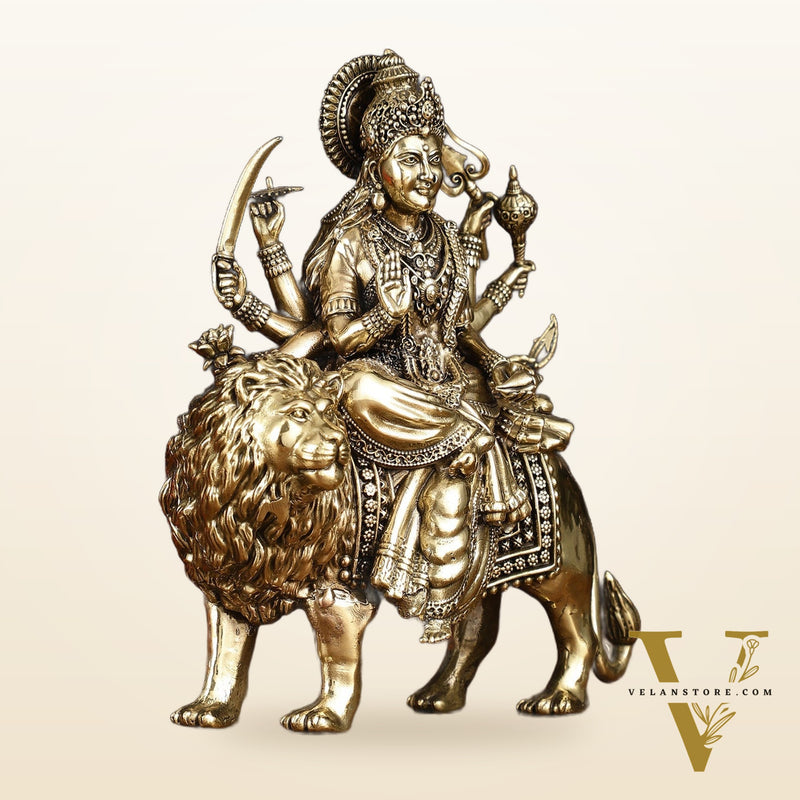 Brass Superfine Goddess Durga Ambe Mata Sitting on Lion - 8" Tall