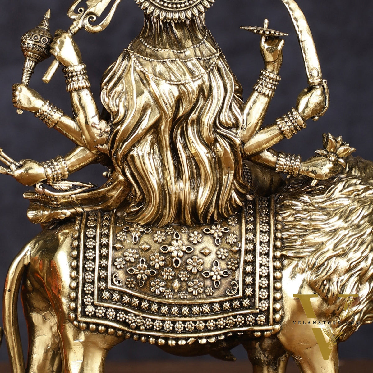 Brass Superfine Goddess Durga Ambe Mata Sitting on Lion - 8" Tall