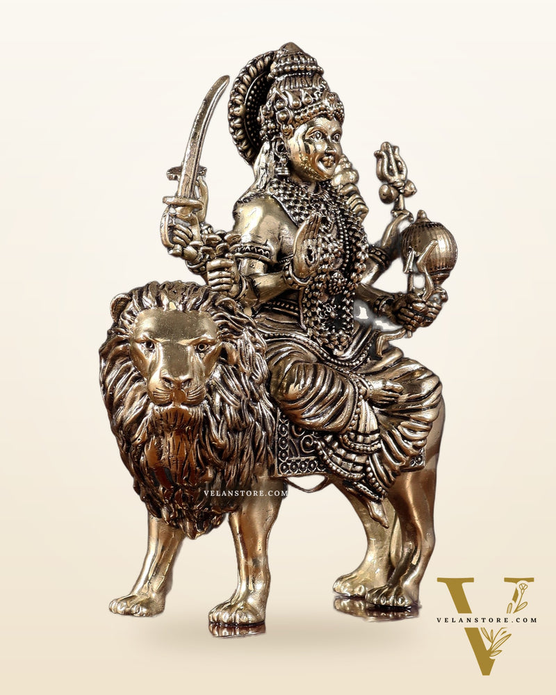 Brass Superfine Goddess Durga Idol on Wooden Base (6 Inch)