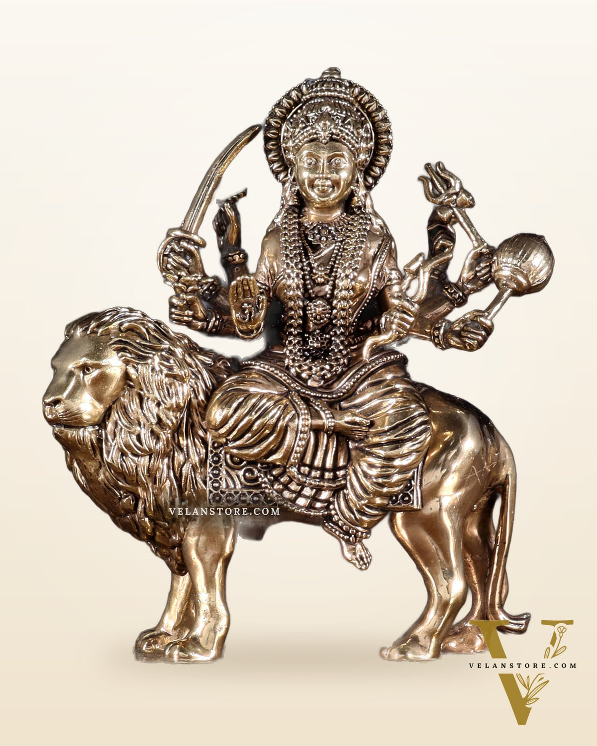 Brass Superfine Goddess Durga Idol – Sherawali Mata Murti with Base 7"