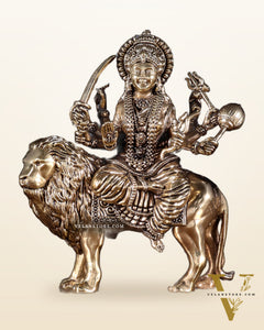 Brass Superfine Goddess Durga Idol – Sherawali Mata Murti with Base 7"