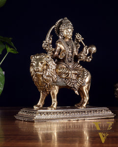 Brass Superfine Goddess Durga Idol – Sherawali Mata Murti with Base 7"