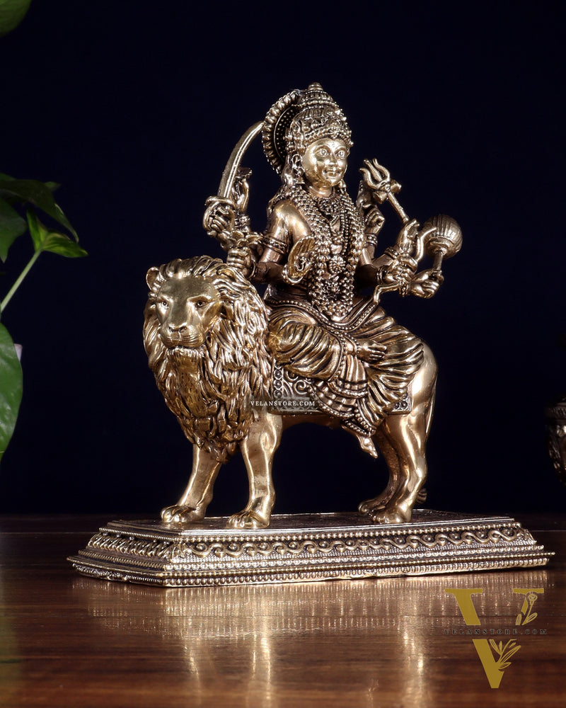 Brass Superfine Goddess Durga Idol – Sherawali Mata Murti with Base 7"