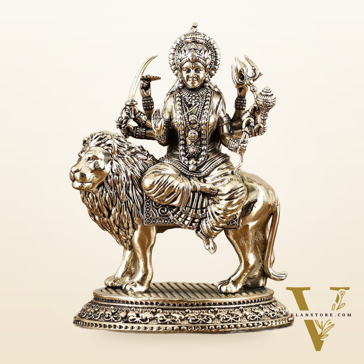 Brass Superfine Goddess Durga on Lion Idol with Base - 5.5 Inch