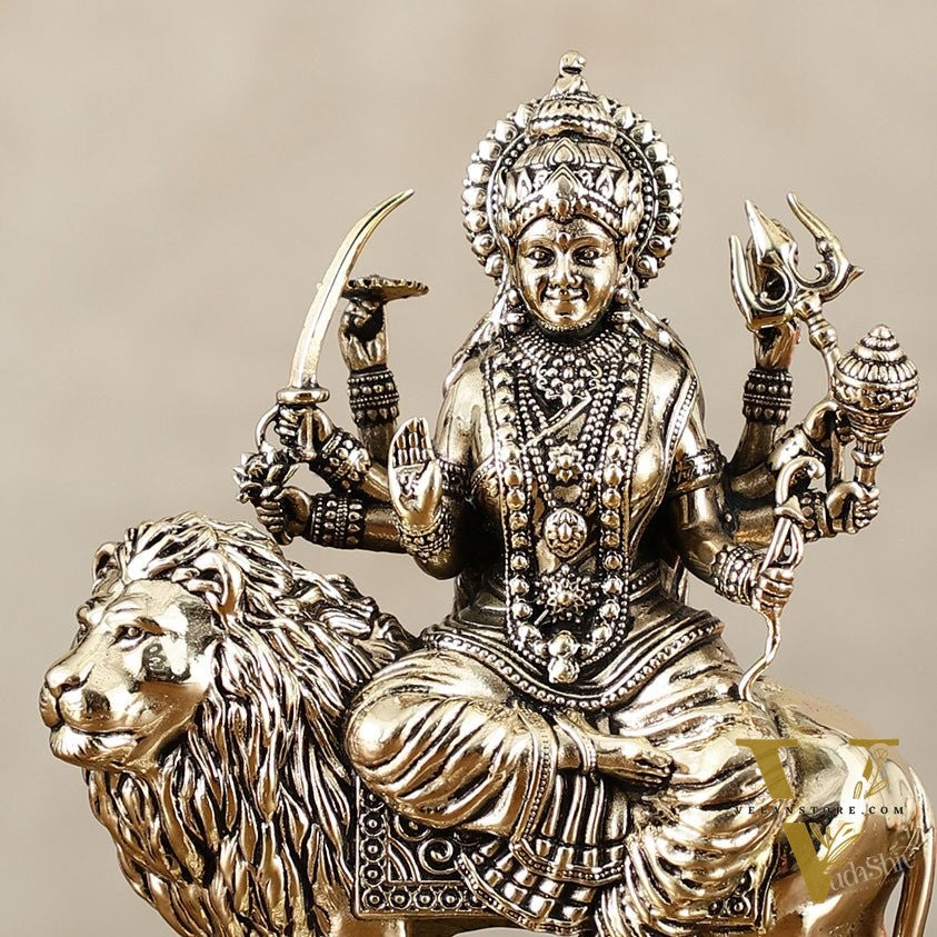 Brass Superfine Goddess Durga on Lion Idol with Base - 5.5 Inch