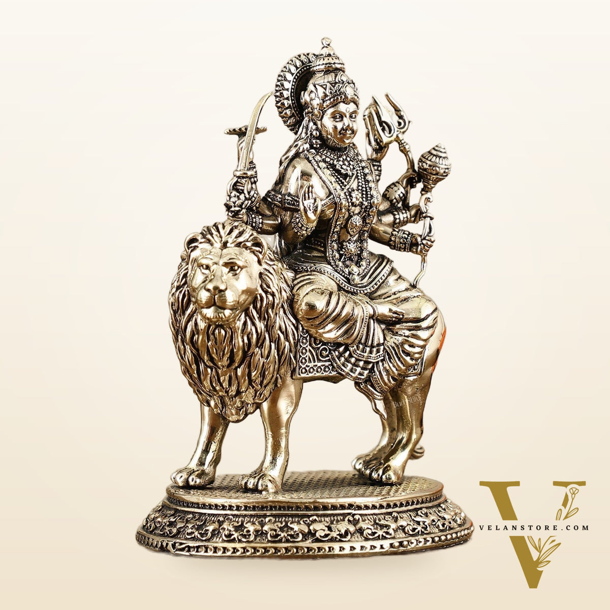 Brass Superfine Goddess Durga on Lion Idol with Base - 5.5 Inch