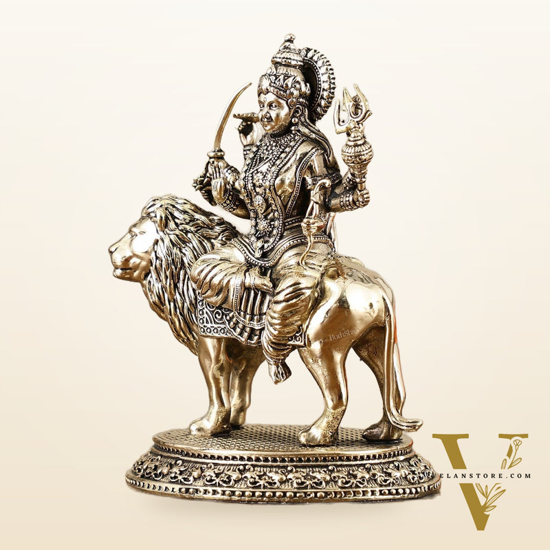 Brass Superfine Goddess Durga on Lion Idol with Base - 5.5 Inch