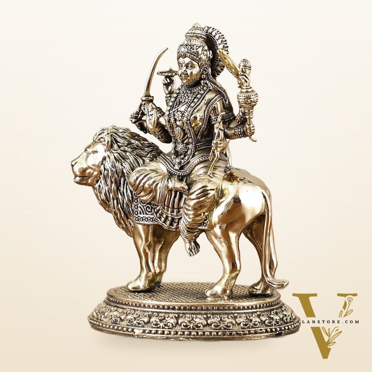 Brass Superfine Goddess Durga on Lion Idol with Base - 6 Inch