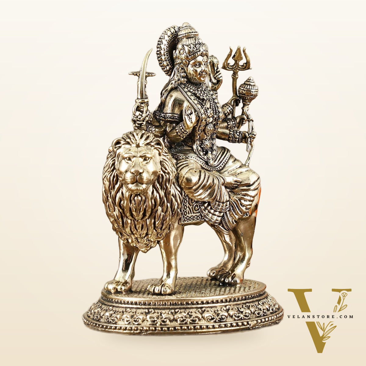 Brass Superfine Goddess Durga on Lion Idol with Base - 6 Inch