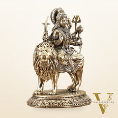 Brass Superfine Goddess Durga on Lion Idol with Base - 6 Inch