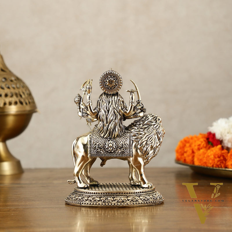 Brass Superfine Goddess Durga on Lion Idol with Base - 6 Inch