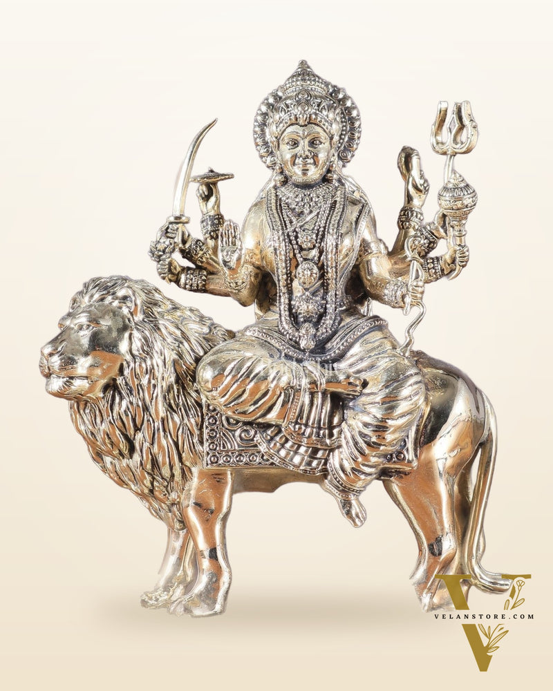 Brass Superfine Goddess Durga on Lion Idol with Base - 6.5 Inch