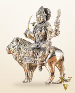 Brass Superfine Goddess Durga on Lion Idol with Base - 6.5 Inch