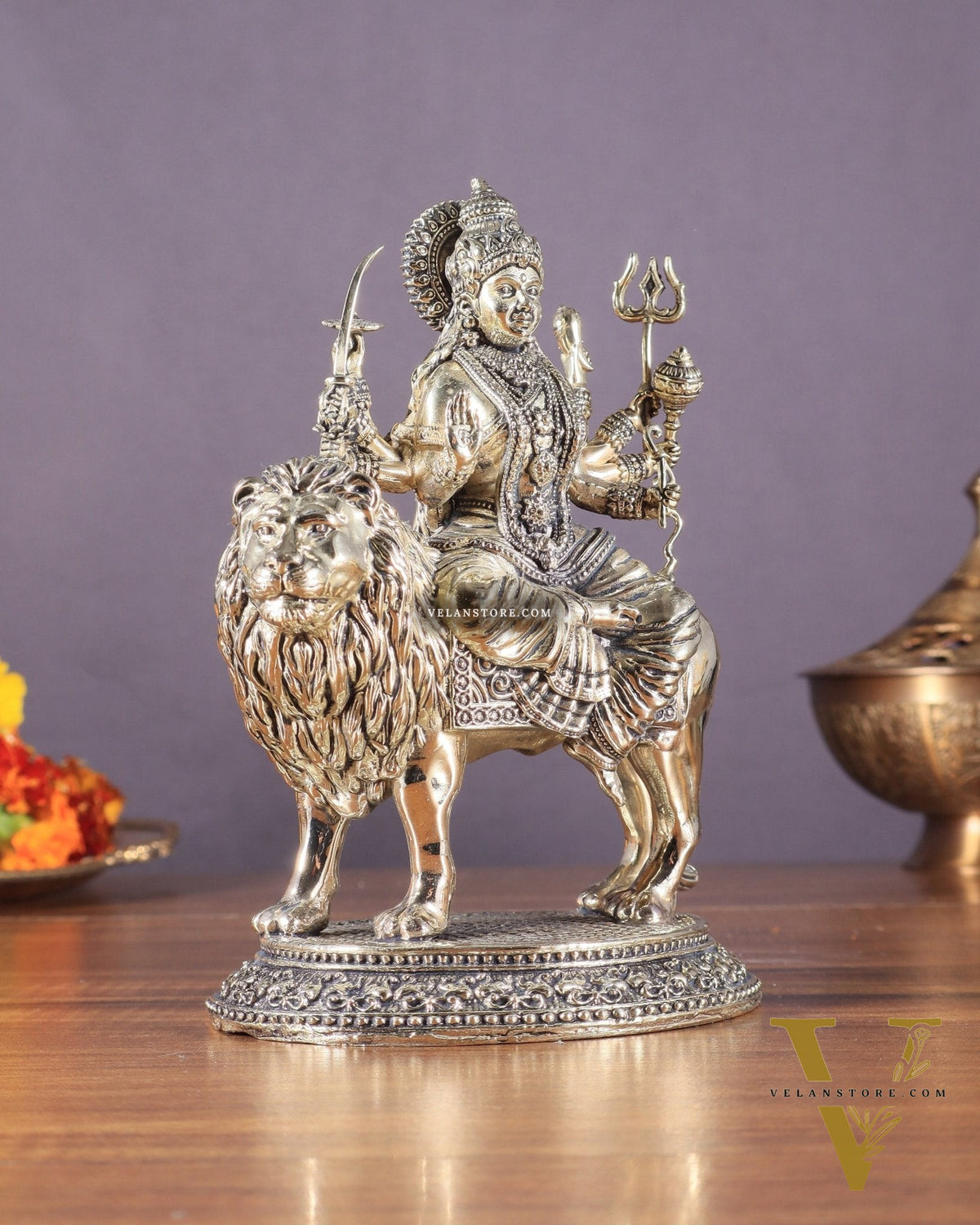 Brass Superfine Goddess Durga on Lion Idol with Base - 6.5 Inch
