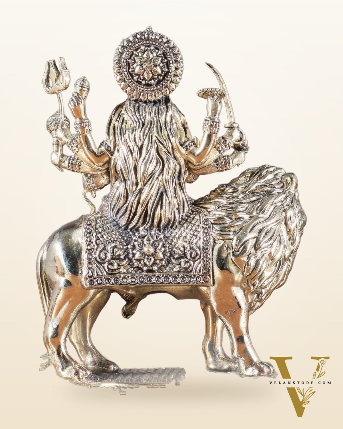 Brass Superfine Goddess Durga on Lion Idol with Base - 6.5 Inch