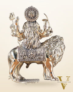 Brass Superfine Goddess Durga on Lion Idol with Base - 6.5 Inch